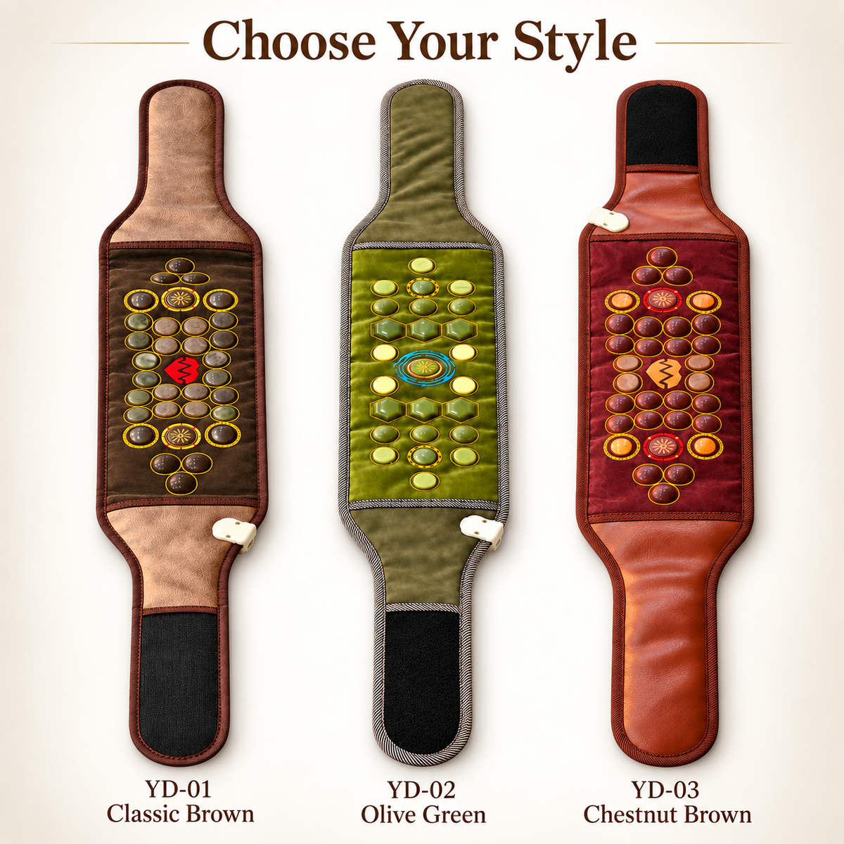 UECOVL YD waist wrap styles: Classic Brown, Olive Green and Chestnut Brown