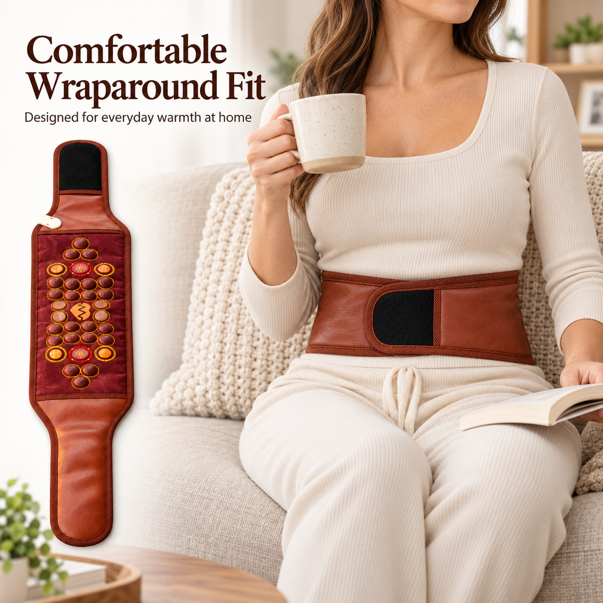 UECOVL heated waist wrap shown around the waist