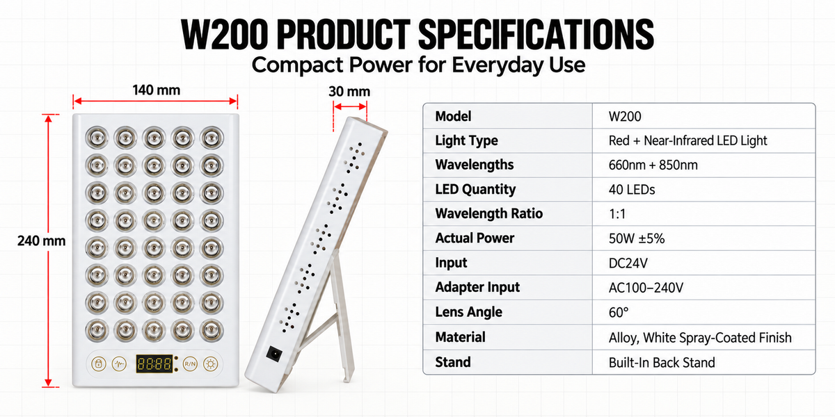 UECOVL W200 Red & Near-Infrared LED Light Panel with Timer & Pulse Control – 06 w200 specifications image