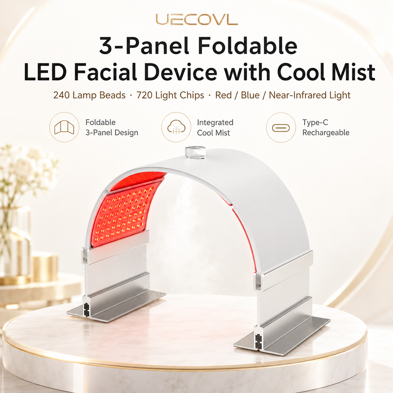 3-Panel Foldable LED Facial Device with Cool Mist