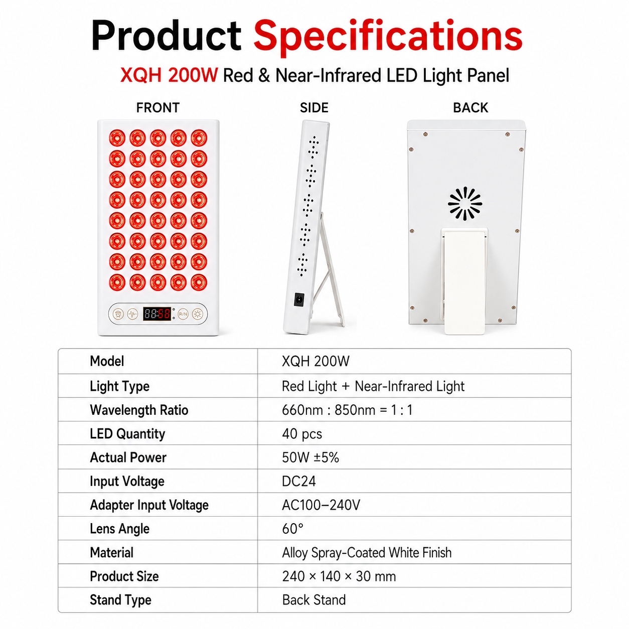 XQH 200W Red & Near-Infrared LED Light Panel with Timer & Pulse Control
