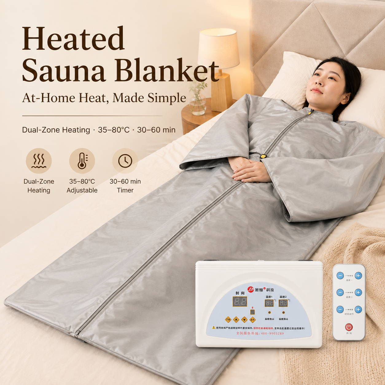 Dual-Zone Far-Infrared Heated Sauna Blanket with Remote Control