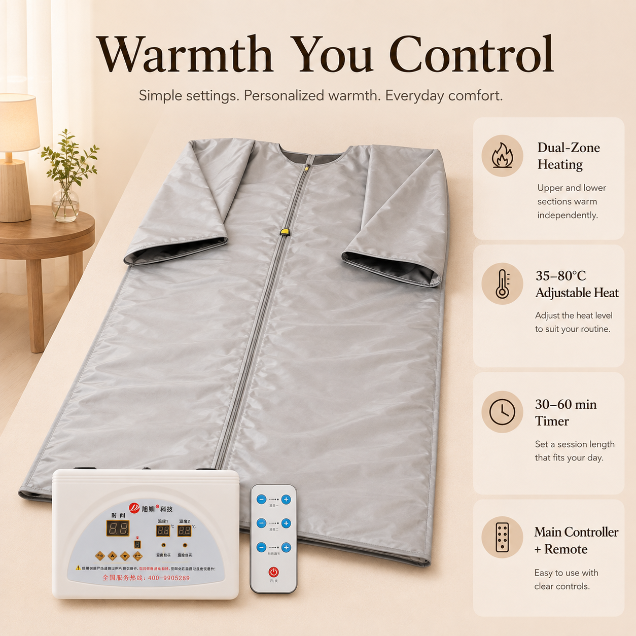 Dual-Zone Far-Infrared Heated Sauna Blanket with Remote Control