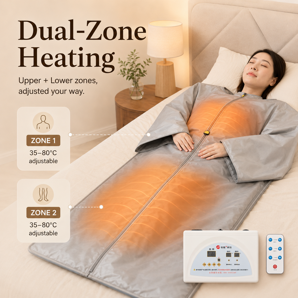 Dual-Zone Far-Infrared Heated Sauna Blanket with Remote Control